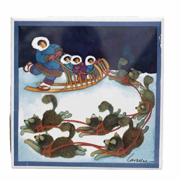 Alaska Inuit Dog Sled Ceramic Tile Barbara Lavallee 5.75" Wall Hanging Decor - Picture 1 of 7